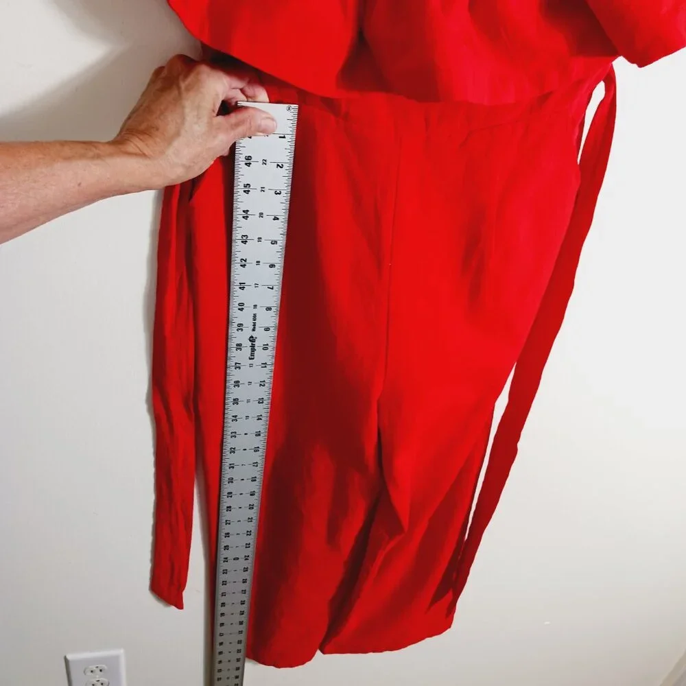 Ambition, Med., Red Strapless Linen Blend Jumpsuit W/ Ruffled Top, Calf Length - Picture 11 of 13